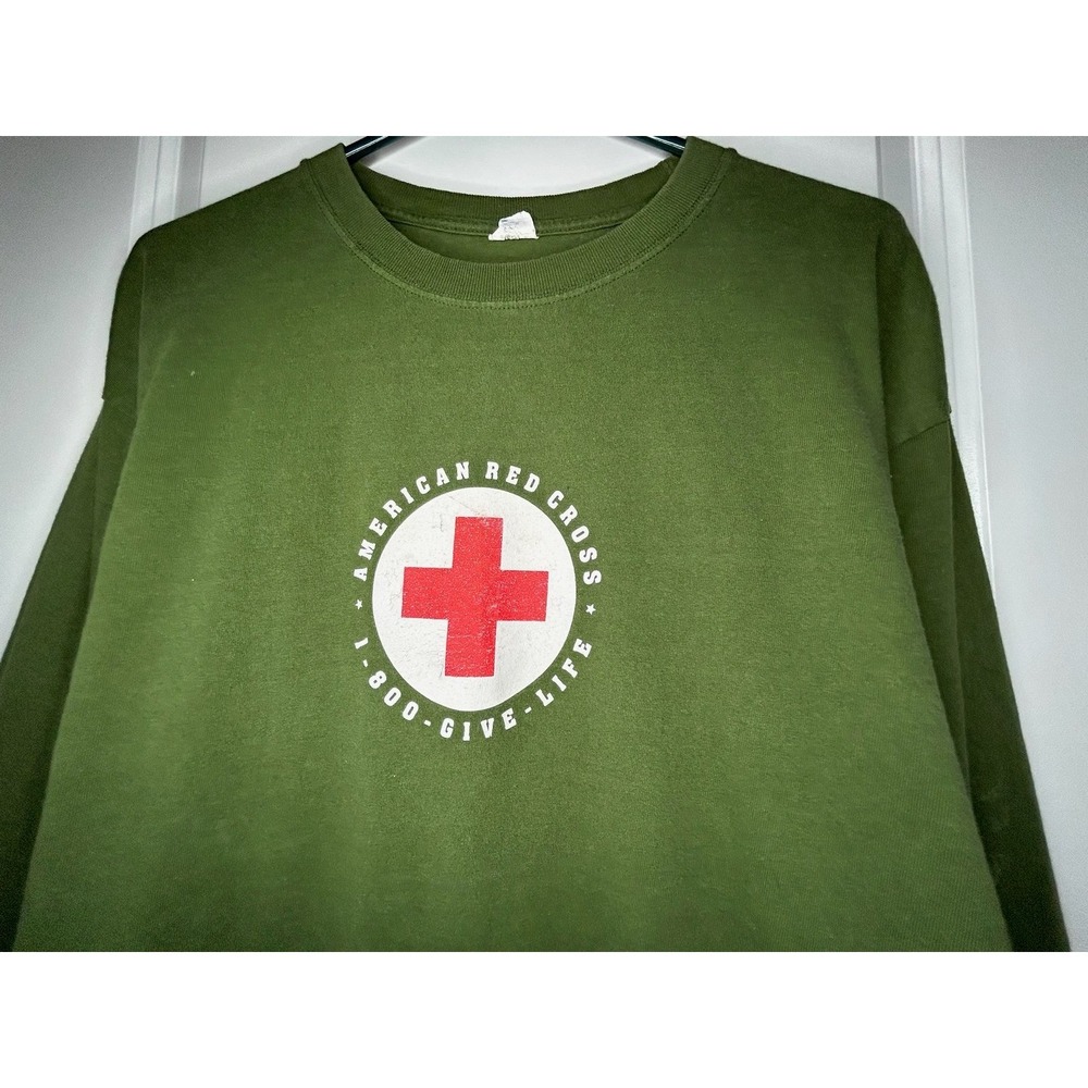 Vintage Y2k American Red Cross Blood Donor Military Green Long Sleeve T-Shirt